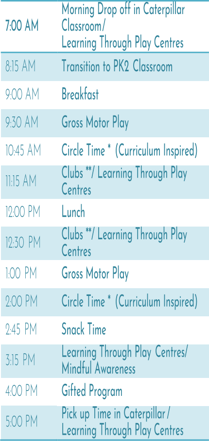 7:00 AM         Morning Drop off in Caterpillar  Classroom /   Learning Through Play Centres     8:15 AM            Transition to PK2   Classroom     9:00 AM        Breakfast     9:30 AM         Gross Motor Play       10:45 AM       Circle Time *   (Curriculum Inspired)     11:15 AM           Clubs **/ Learning Through Play  Centres       12:00 PM         Lunch    12:30   PM         Clubs **/ Learning Through Play  Centres     1:00   PM         Gross Motor Play     2:00 PM            Circle Time *   (Curriculum Inspired)     2:45   PM           Snack Time     3:15   PM            Learning Through Play   Centres/   Mindful Awareness       4:00 PM         Gifted Program     5:00 PM         Pick up Time in Caterpillar /   Learning Through Play Centres