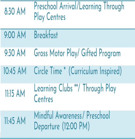8:30 AM   Preschool Arrival /Learning Through  Play Centres   9:00 AM   Breakfast   9:30 AM   Gross Motor Play/ Gifted Program   10:45 AM   Circle Time *   (Curriculum Inspired)   11:15 AM   Learning  Clubs **/  Through Play  Centres   11:45 AM   Mindful Awareness /  Preschool  Departure  (12:00 PM)